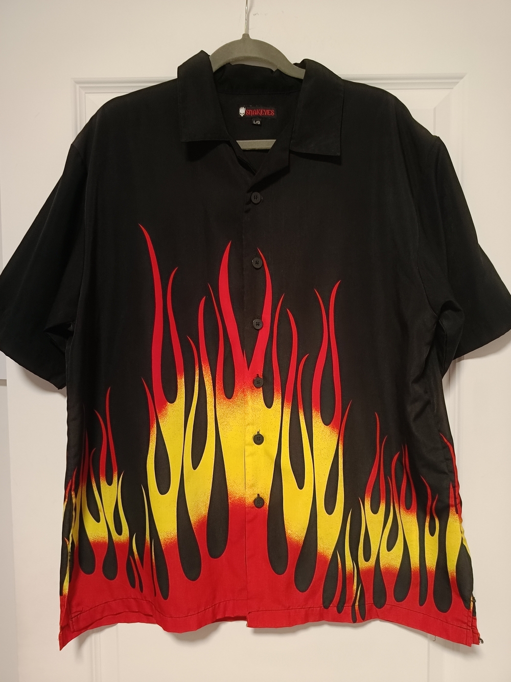 Men's Black Button-Down Shirt with Red & Yellow Flame Print Halloween Costume